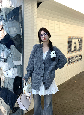 Adan磨破深灰色毛衣外套秋季韩版宽松百搭休闲慵懒麻花针织开衫女
