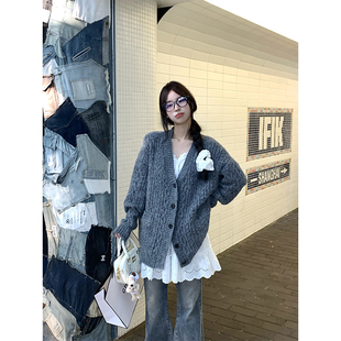 女 宽松百搭休闲慵懒麻花针织开衫 Adan磨破深灰色毛衣外套秋季 韩版