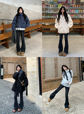 Adan 烟灰色加绒微喇叭裤冬季复古韩版修身显瘦百搭休闲牛仔裤女