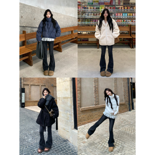 烟灰色加绒微喇叭裤 显瘦百搭休闲牛仔裤 冬季 修身 女 复古韩版 Adan