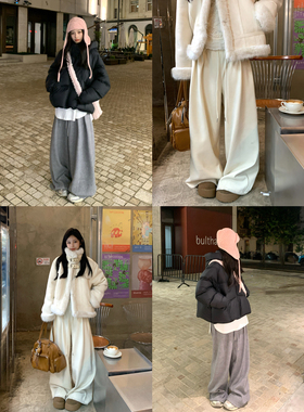 Adan加绒毛巾裤冬季新款韩系宽松显瘦休闲宽腰头百搭阔腿直筒裤女