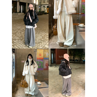 Adan加绒毛巾裤冬季新款韩系宽松显瘦休闲宽腰头百搭阔腿直筒裤女