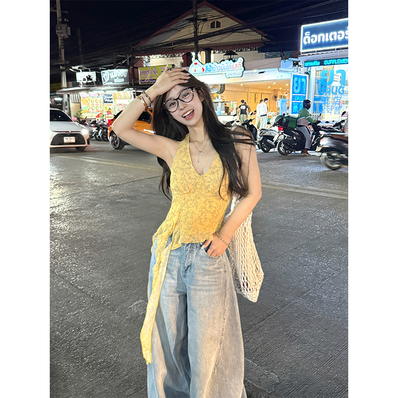 Adan 黄色碎花吊带纯欲风显瘦显白木耳边不规则飘带短款上衣女夏
