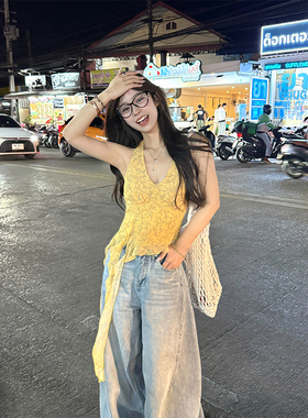 Adan 黄色碎花吊带纯欲风显瘦显白木耳边不规则飘带短款上衣女夏