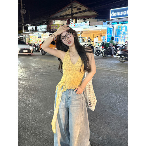 Adan 黄色碎花吊带纯欲风显瘦显白木耳边不规则飘带短款上衣女夏