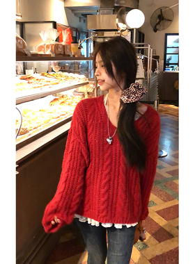 Adan 复古红色马海毛麻花毛衣2024秋冬宽松慵懒软糯V领针织衫女