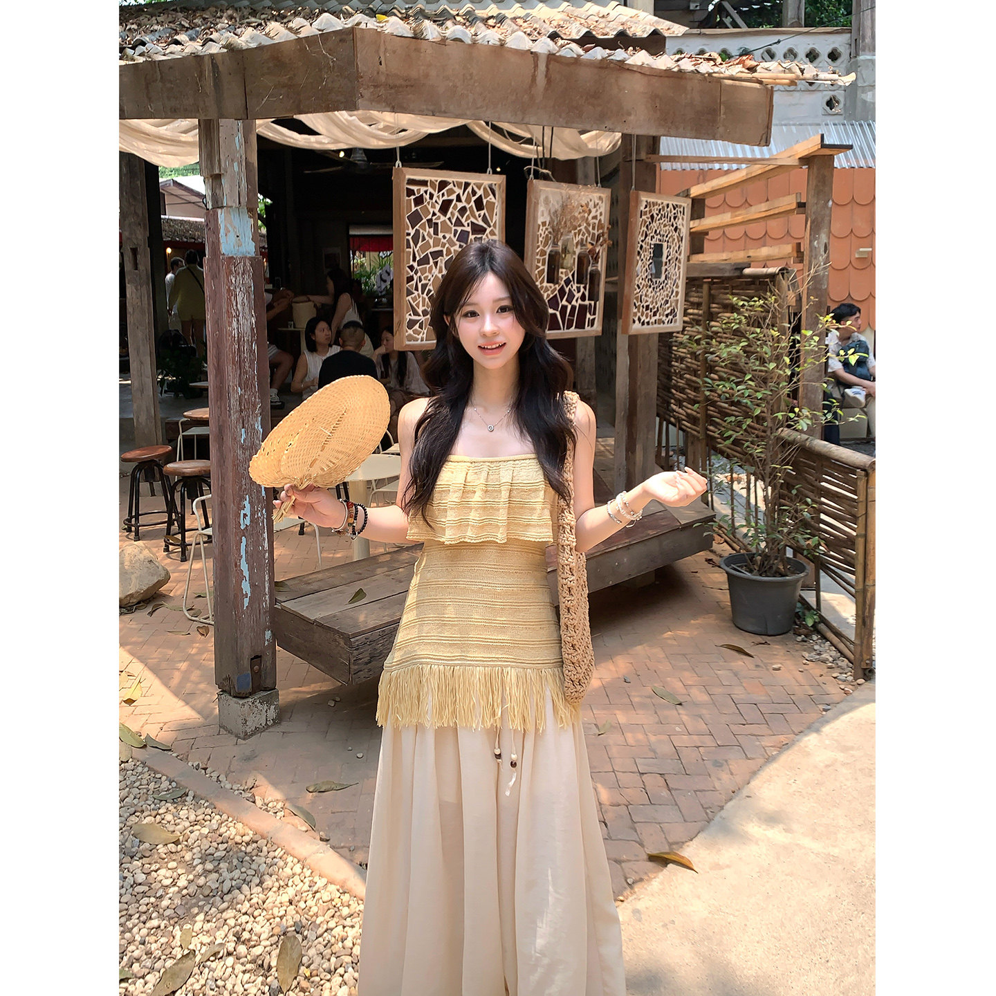 Adan 流苏抹胸夏季度假风温柔气质修身显瘦设计感冰丝针织上衣女