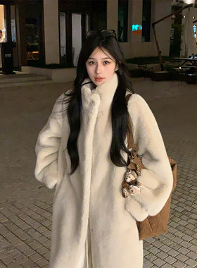 Adan仿兔毛长款外套冬季韩版宽松休闲慵懒加厚皮毛一体毛毛大衣女
