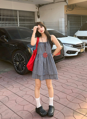 Adan竖条纹吊带裙2025夏季韩系宽松显瘦慵懒叠穿短款无袖连衣裙女