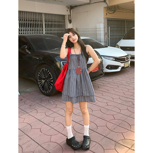连衣裙女 无袖 Adan竖条纹吊带裙2025夏季 韩系宽松显瘦慵懒叠穿短款