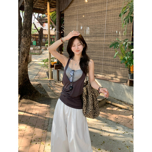 韩系休闲运动百搭显瘦挂脖莱赛尔吊带女 新款 Adan 两件套背心夏季