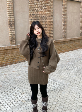 Adan蝙蝠袖毛衣套装裙秋冬复古气质修身显瘦高领上衣A字半身裙女