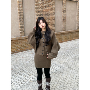 显瘦高领上衣A字半身裙女 裙秋冬复古气质修身 Adan蝙蝠袖 毛衣套装