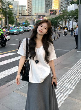 Adan竹节棉短袖夏季韩系宽松显瘦休闲慵懒通勤百搭U领内搭上衣女