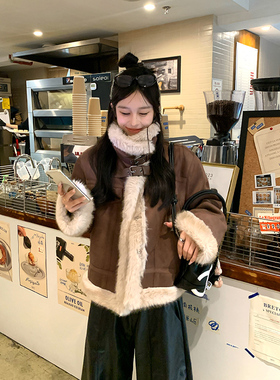 Adan 复古机车麂皮外套冬季韩系宽松休闲加厚保暖皮毛一体大衣女