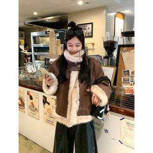 Adan 韩系宽松休闲加厚保暖皮毛一体大衣女 复古机车麂皮外套冬季