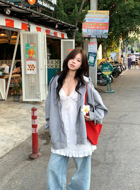 Adan 高克重好灰色连帽卫衣外套春季韩系宽松休闲通勤慵懒上衣女