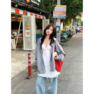 Adan 韩系宽松休闲通勤慵懒上衣女 高克重好灰色连帽卫衣外套春季