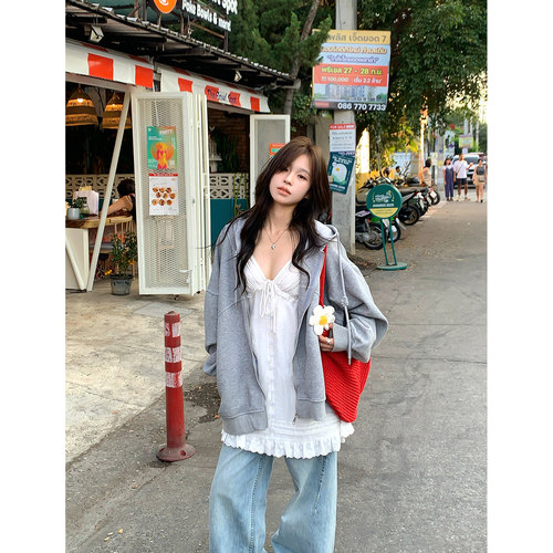 Adan 高克重好灰色连帽卫衣外套春季韩系宽松休闲通勤慵懒上衣女