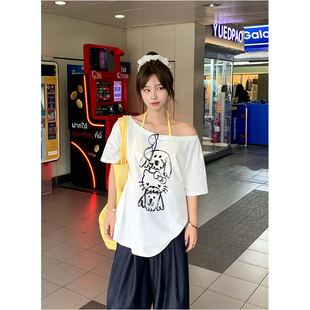 Adan 上衣女 斜领印花T恤夏季 韩系可爱宽松显瘦露肩慵懒休闲短袖