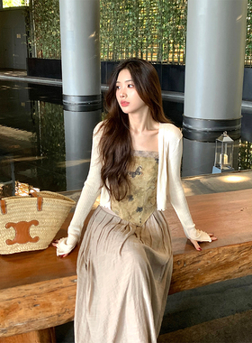 Adan新中式蝴蝶吊带两件套复古修身显瘦印花背心冰丝针织开衫女夏