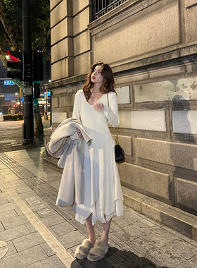 Adan花瓣连衣裙冬季韩版温柔气质修身显瘦百搭双层中长款A字裙女