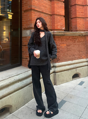 Adan 深灰色直筒牛仔裤春秋韩版高腰显瘦百搭显腿长休闲阔腿裤女