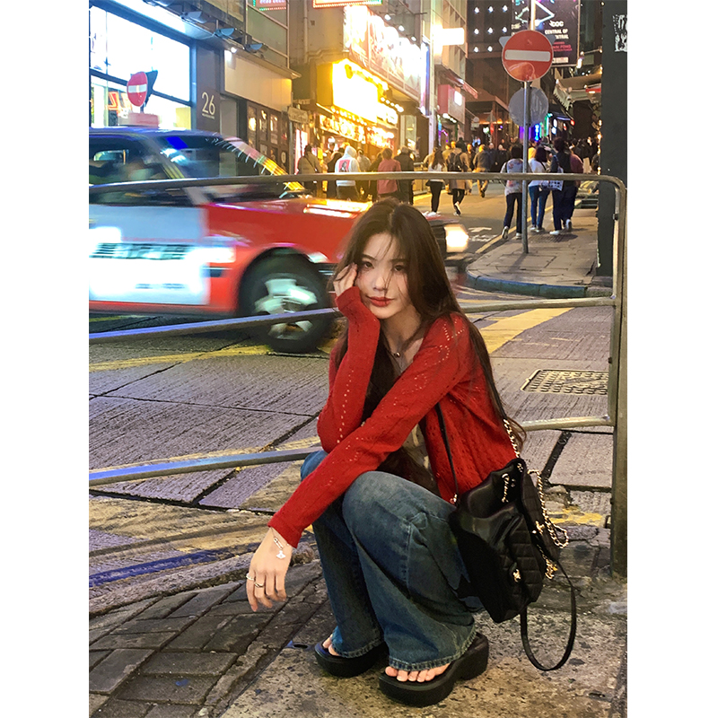 Adan 镂空针织开衫2025秋bm风修身显瘦设计感短款显白长袖上衣女