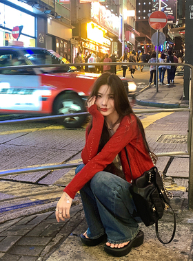 Adan 镂空针织开衫2025秋bm风修身显瘦设计感短款显白长袖上衣女