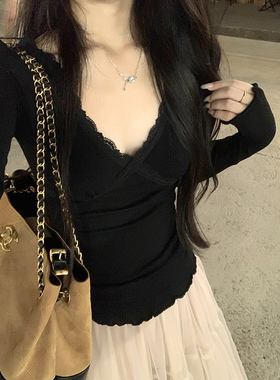 Adan黑色蕾丝v领打底衫韩系纯欲芭蕾风修身显瘦长袖内搭上衣女秋