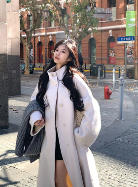 Adan立领白色长款手工大衣2025冬季韩系宽松百搭双面呢羊毛外套女