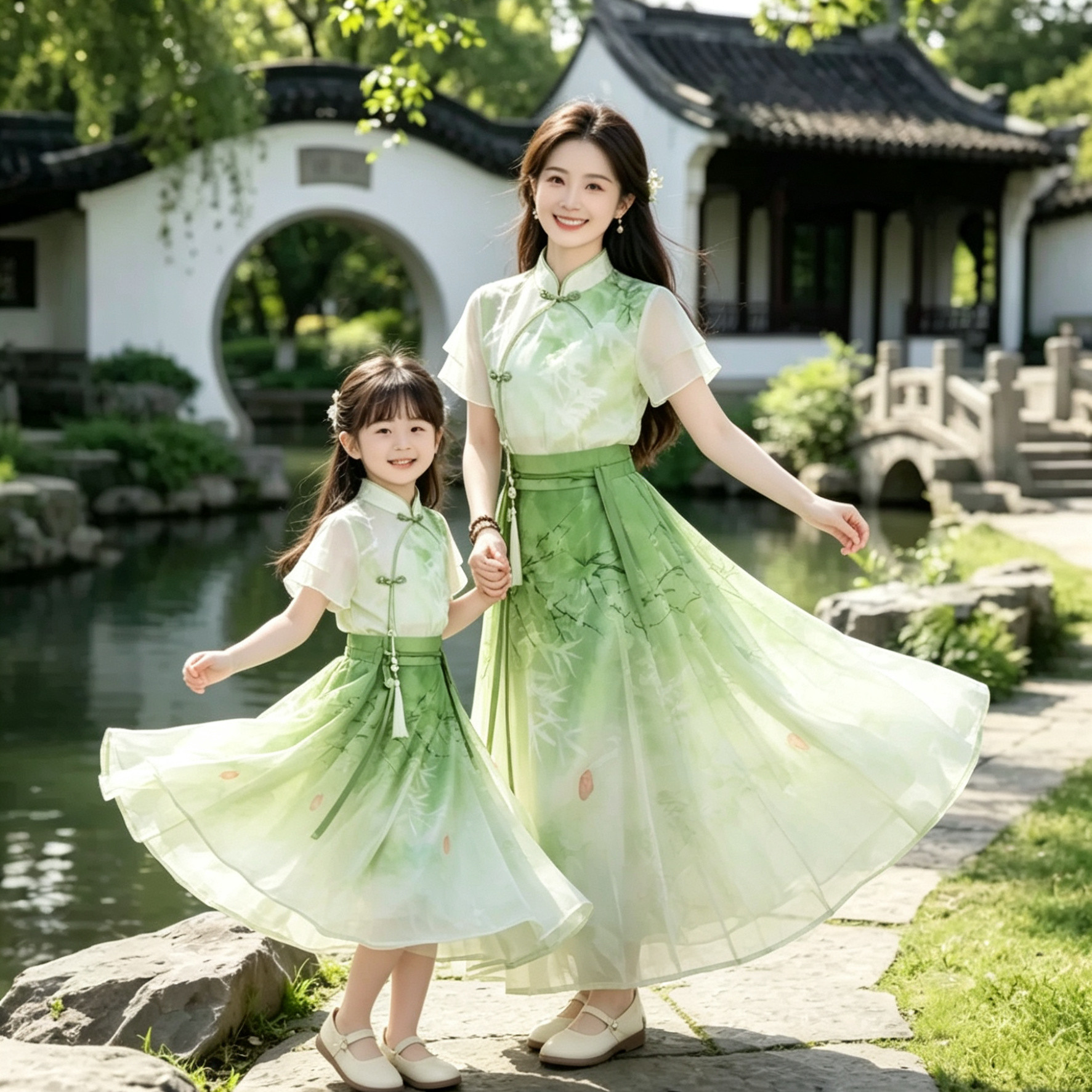 亲子装母女装2026新款夏装唐装新中式改良式旗袍盘扣两件套套装
