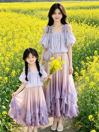 2026新款亲子装母女装夏装法式短袖荷叶边渐变扎染超仙裙两件套