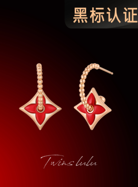 TWINSLULU 镀k金【花火】纯手工穿扣C形红色四叶老花耳环TSL2708