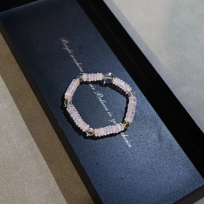 粉晶算盘珠 白水晶 925纯银镀金手串