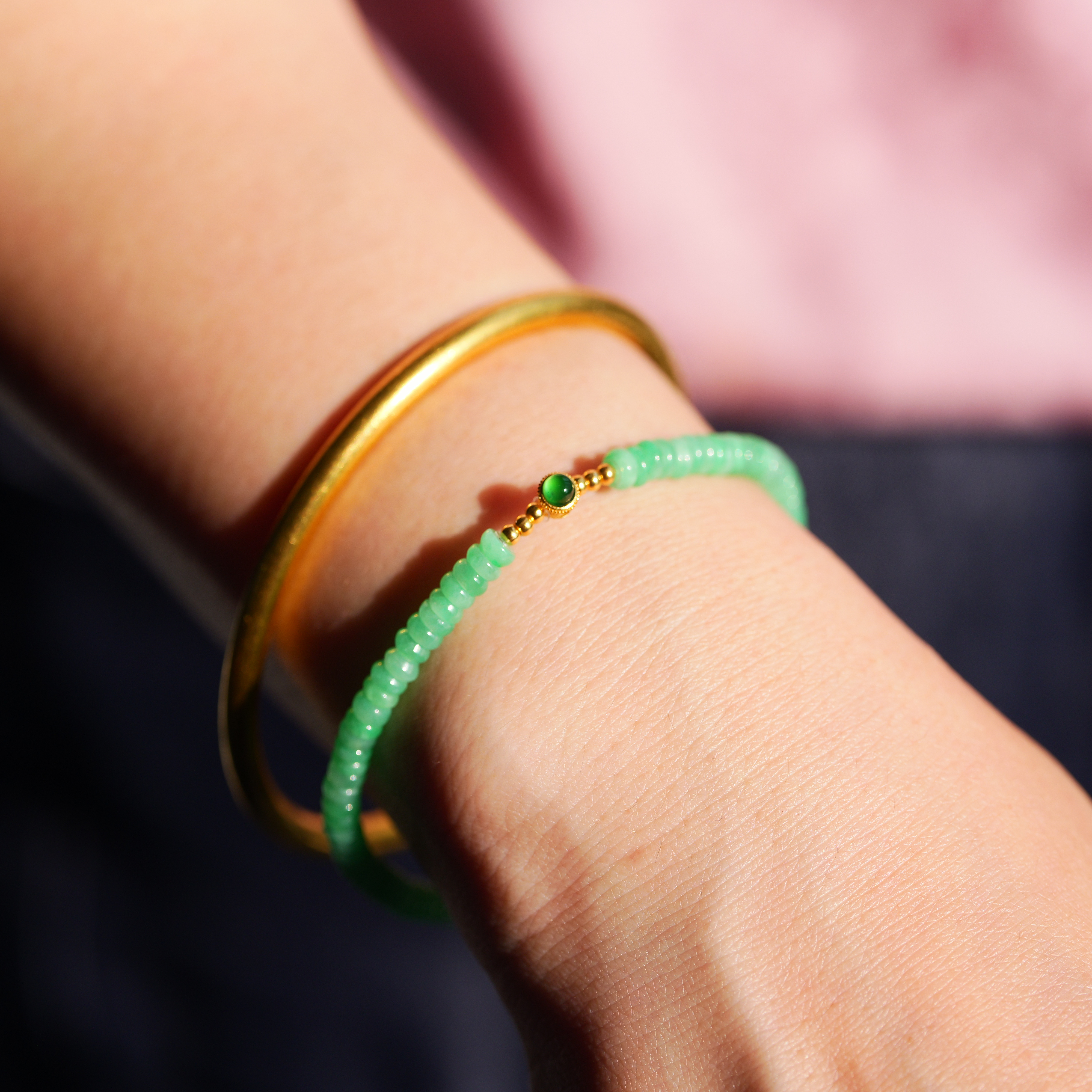 花桐里 天然A货翡翠满绿算盘珠18K金手串