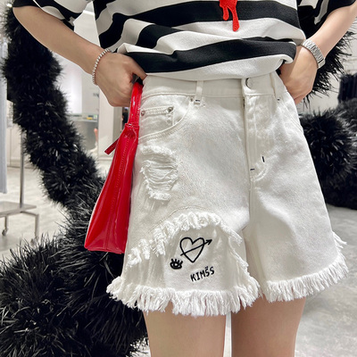 爱心刺绣短裤牛仔夏季毛边KIMSS