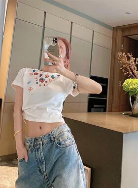 mskin6笑脸家 印花T恤女新款百搭纯棉修身上衣潮牌显瘦配外套
