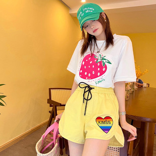 南油潮牌！KINSS家正品短柠檬黄短裤女刺绣学院风洋气夏季裤子