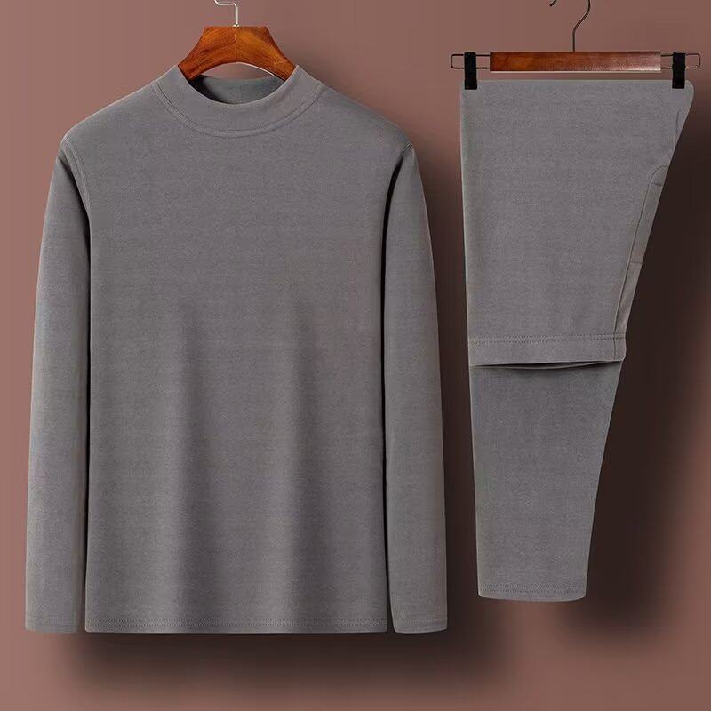 冬季双面德绒保暖内衣男中年套装加绒半高领秋衣秋裤中领打底发热