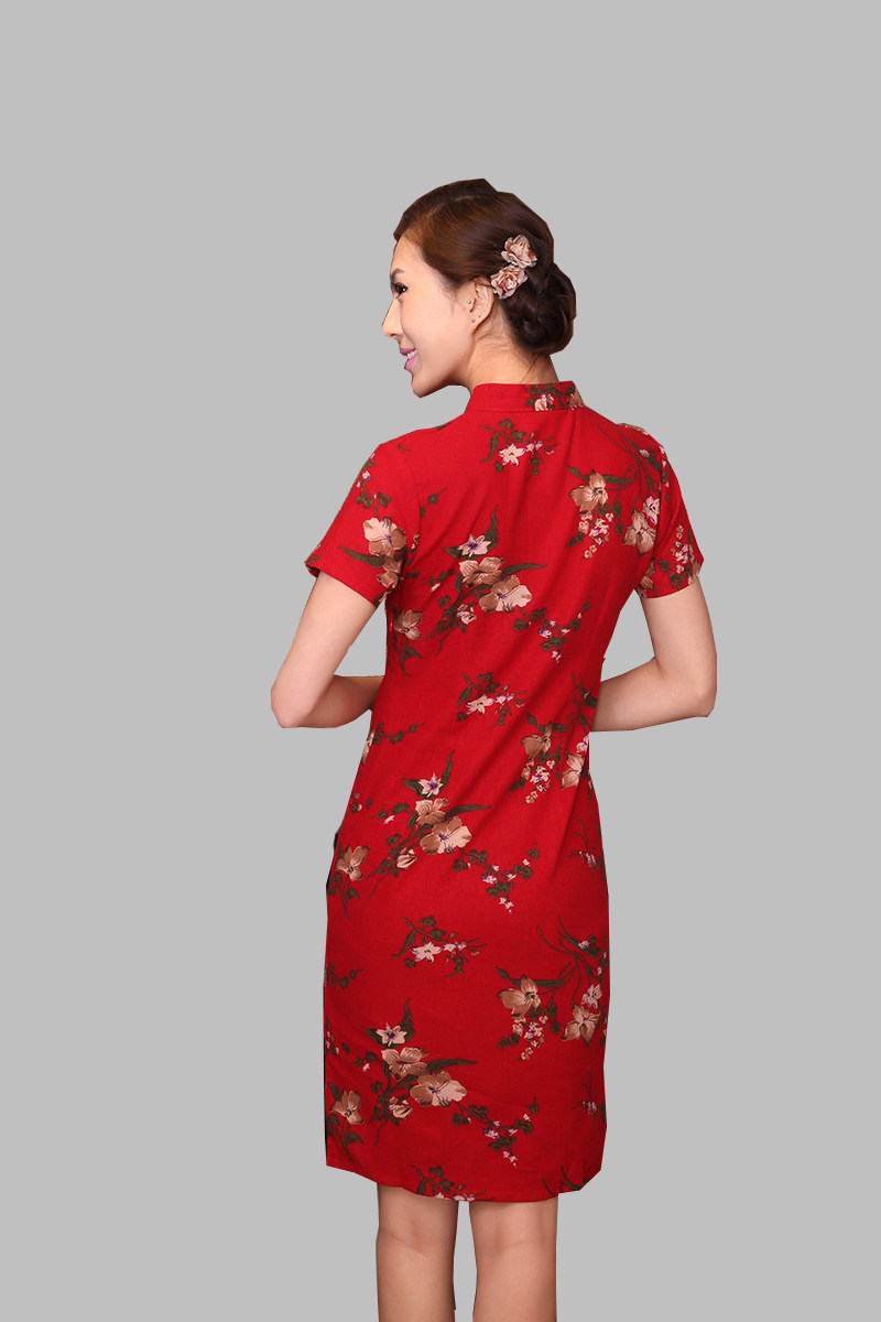2021春夏季新品 女式复古碎花大花印花 改良 棉麻亚麻旗袍裙短袖