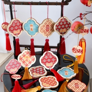 【心悠】新年木质流苏挂件竹纹卡片中国风装饰发财暴富DIY挂饰