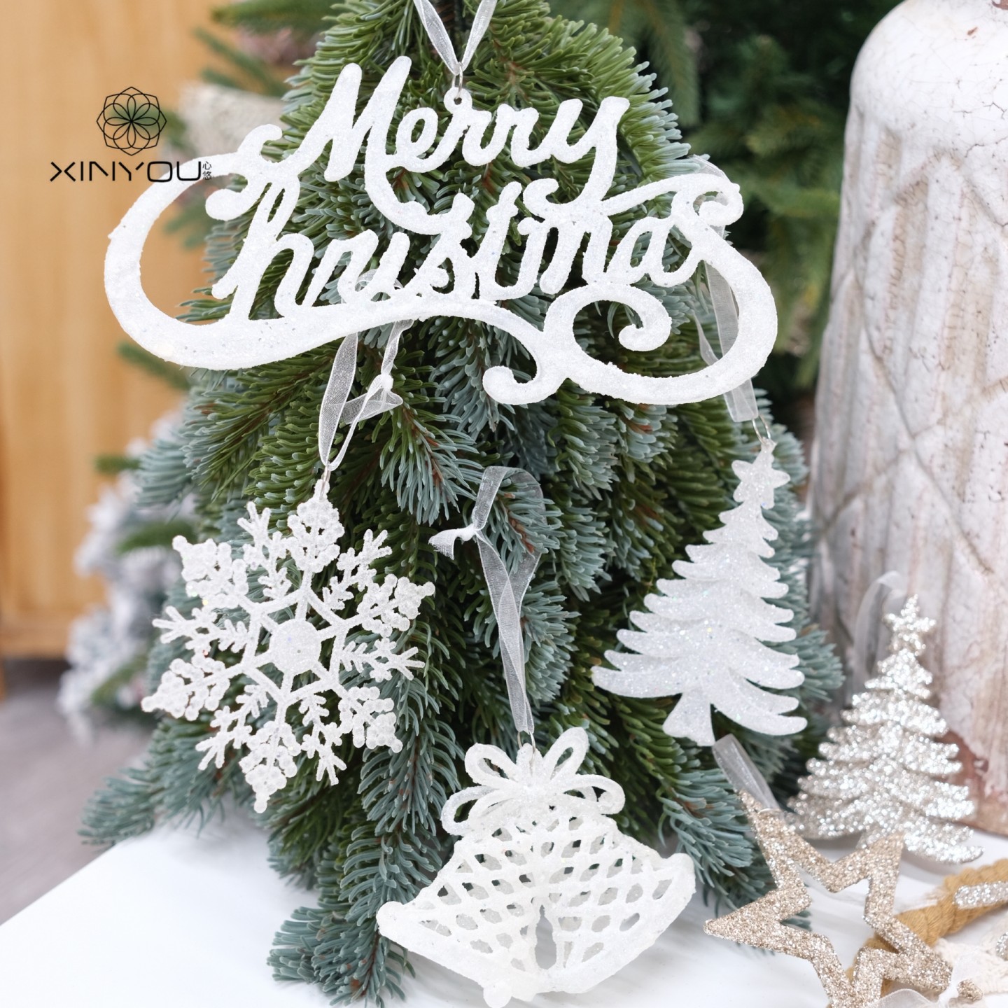 【心悠】圣诞节装饰亮粉雪花星星挂件小鹿铃铛配件圣诞树麋鹿吊饰