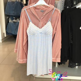 旧款6ixty8ight专柜正品莫代尔蓝白条纹蕾丝吊带罩杯睡裙HW07602