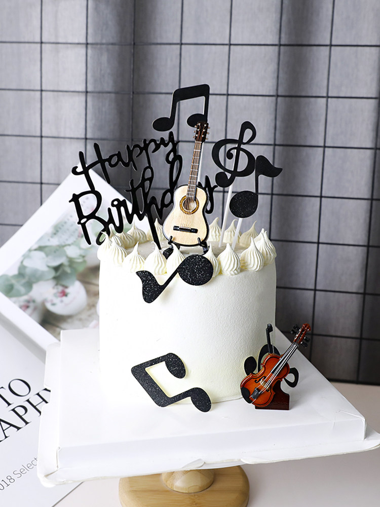 吉他小提琴摆件音乐主题蛋糕派对甜品音符插件装扮 生日蛋糕装饰