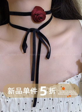 红色玫瑰花项链~山茶花choker颈链2026秋冬新款甜酷系带脖子配饰A