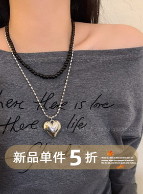 黑色爱心项链~fever同款韩国博主ins风毛衣链秋季新款卫衣链长款