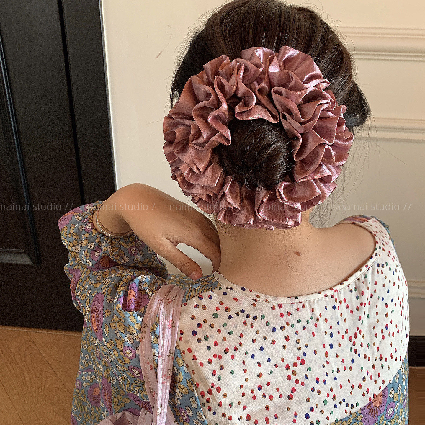 紫色花苞大肠发圈~法式复古绣球花缎面小花苞低马尾发绳丸子头女