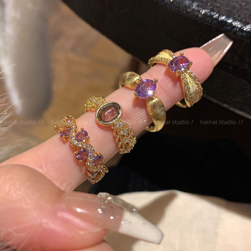 宫廷风紫色戒指~锆石复古气质开口可调节食指戒小众设计轻奢指环A