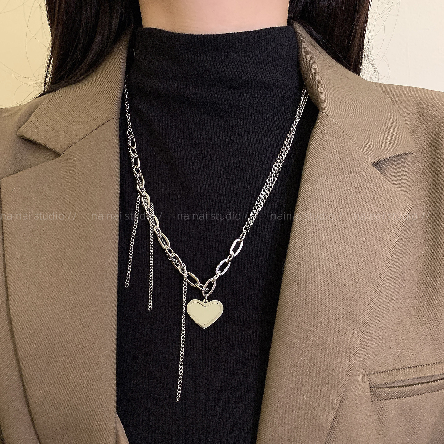 爱心流苏项链~钛钢不掉色！长款甜酷辣妹小众设计毛衣链卫衣链女A